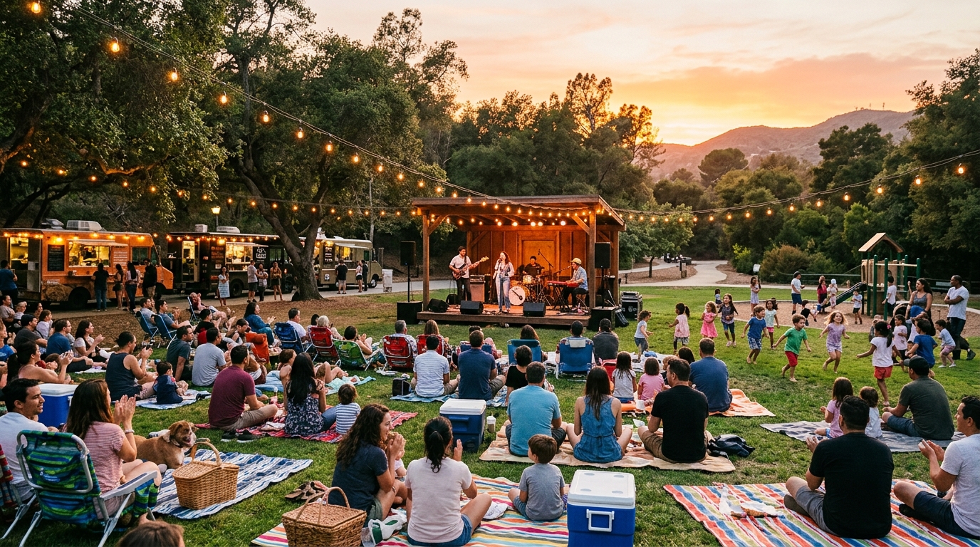 Families attending a free summer concert in Buena Park