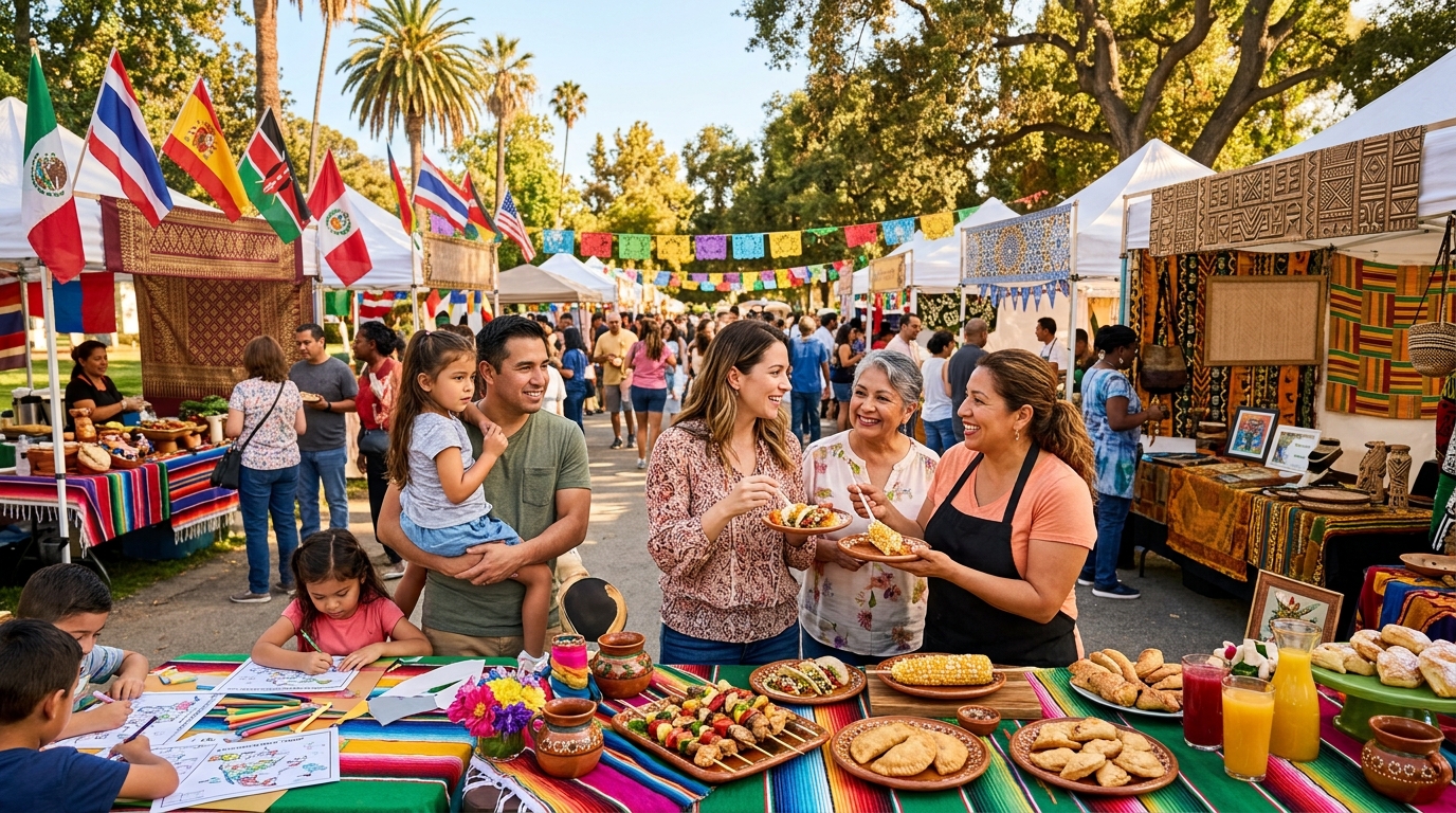 Families exploring food and cultural booths in Buena Park