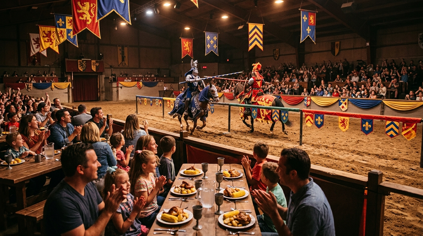 Families watching an indoor dinner tournament in Buena Park