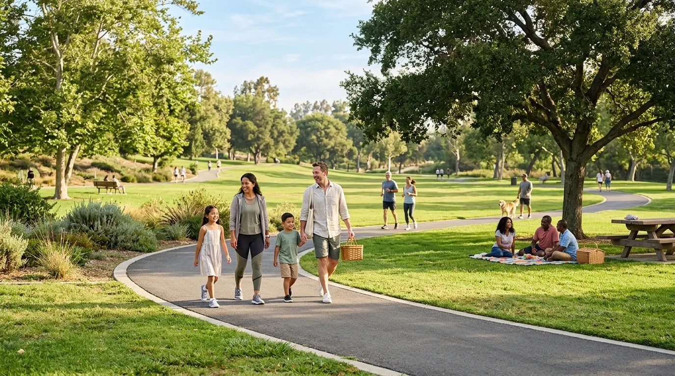 Family enjoying a walking path and green park in Buena Park