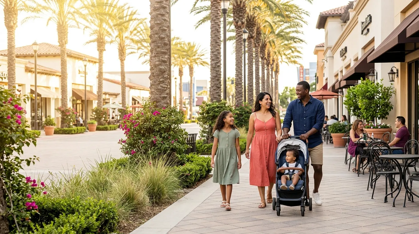 Family exploring a palm-lined Buena Park lifestyle district