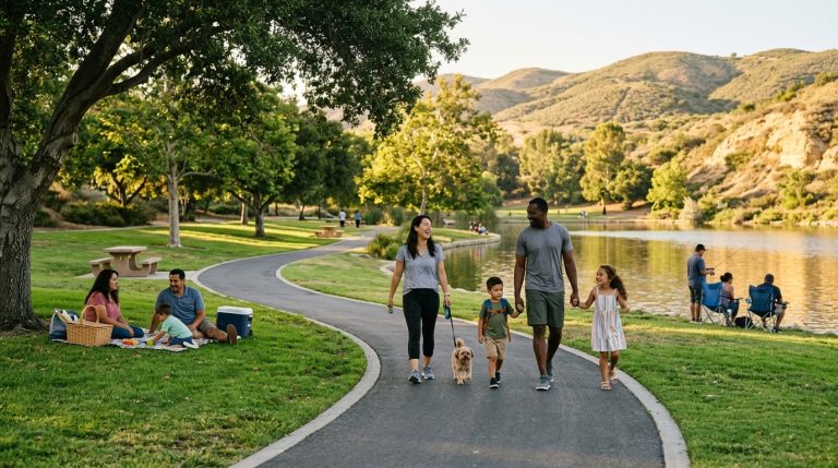 Family walking beside the lake at Ralph B. Clark Regional Park