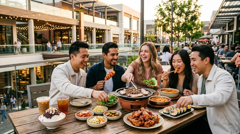 Friends sharing Korean food and desserts in Buena Park