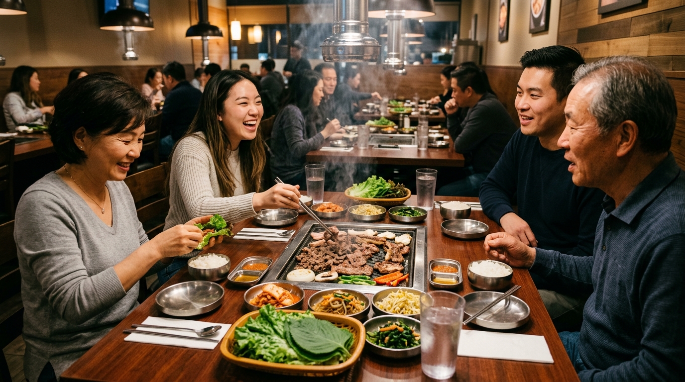 Group sharing Korean barbecue and side dishes in Buena Park
