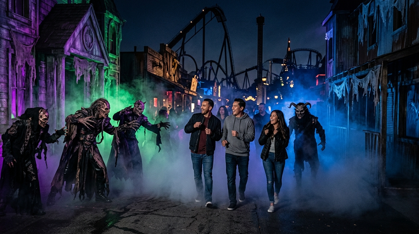 Guests walking through a foggy nighttime Halloween scare zone