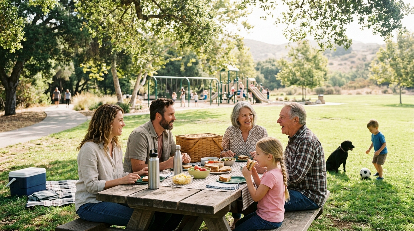 Multigenerational family having a shaded picnic at Clark Park