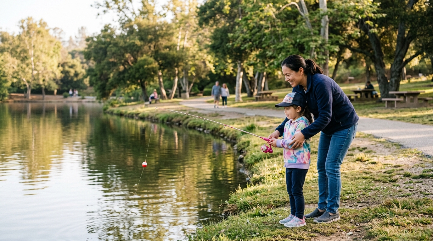 Parent teaching a child to fish at Ralph B. Clark Park